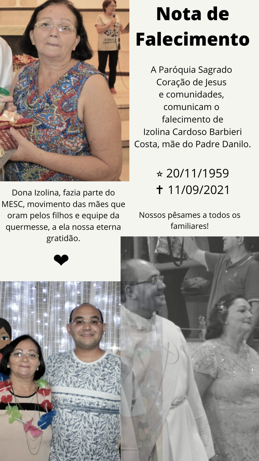Nota de Falecimento da senhora Isolina Cardoso Barbieri Costa ...